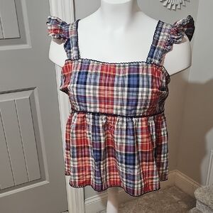 Torrid Belle Isle Red & Blue Plaid Ruffle Strap Tank